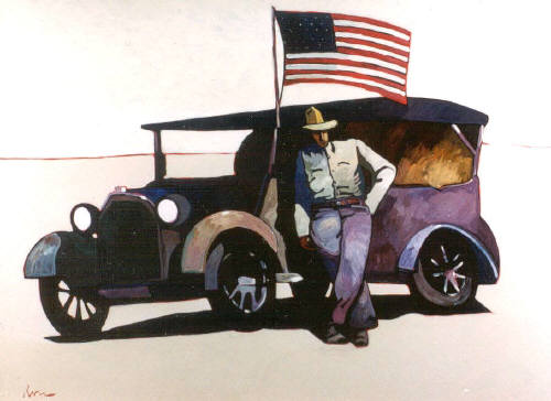 Artist: Thom Ross, Title: Roy Chapman Andrews in the Gobi Desert: Man with car in the Desert - click for larger image