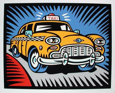 Artist: Burton Morris, Title: Yellow Taxi State II - Blue Background - click for larger image