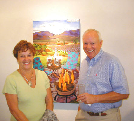Artist: Gallery Event Photos, Title: Kay Plimpton shares a photo op with her new painting and pal Tim. - click for larger image