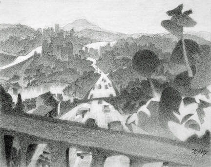 Artist: Mark Skullerud, Title: Downtown from Woodland Park - Graphite Study - click for larger image