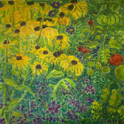 Artist: Pat Tolle, Title: Black-eyed Susans with Tomatoes - click for larger image