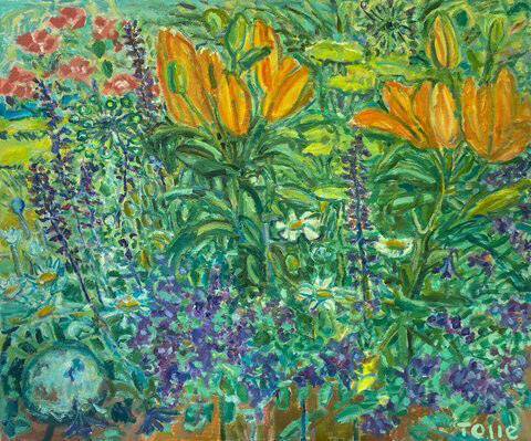 Artist: Pat Tolle, Title: Spring Orange Lilies and Globe - click for larger image